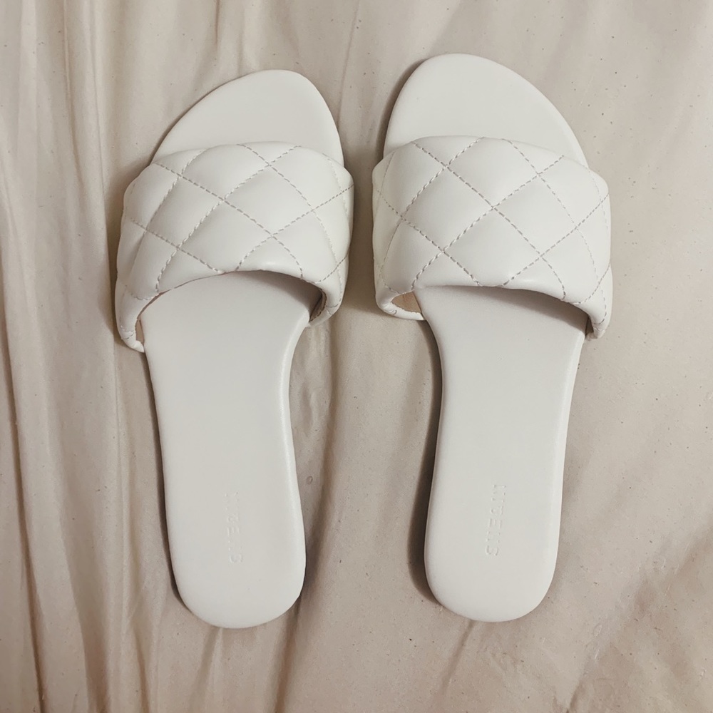 White Quilted Slide Sandals
